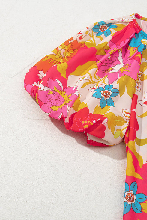 Charming Floral All Over Print Bubble Short Sleeve Summer Day Dress